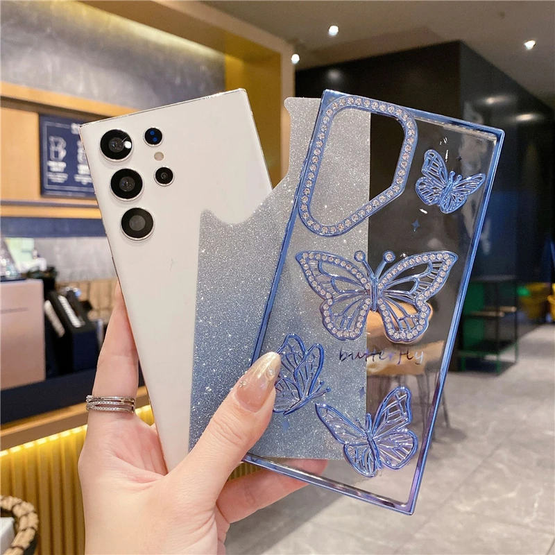 For Samsung Galaxy S25 Ultra Luxury Glitter Rhinestone Butterfly Plating Frame For Samsung S23 FE S24 S25 Plus Protective Cover