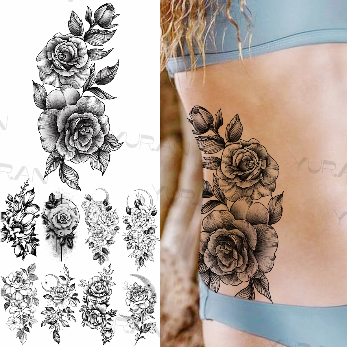 

Временные татуировки для женщин и девушек, большая роза, цветок, реалистичный Лев, луна, флора, искусственная тату-наклейка, сексуальные тату на талию, грудь, тату «сделай сам»