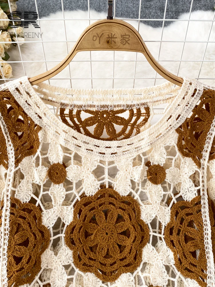 SINGREINY 선 스크린 후크 여름 니트 탑 여성 우아한 O 넥 중공 랜턴 슬리브 숙녀 휴가 술 비치 블라우스