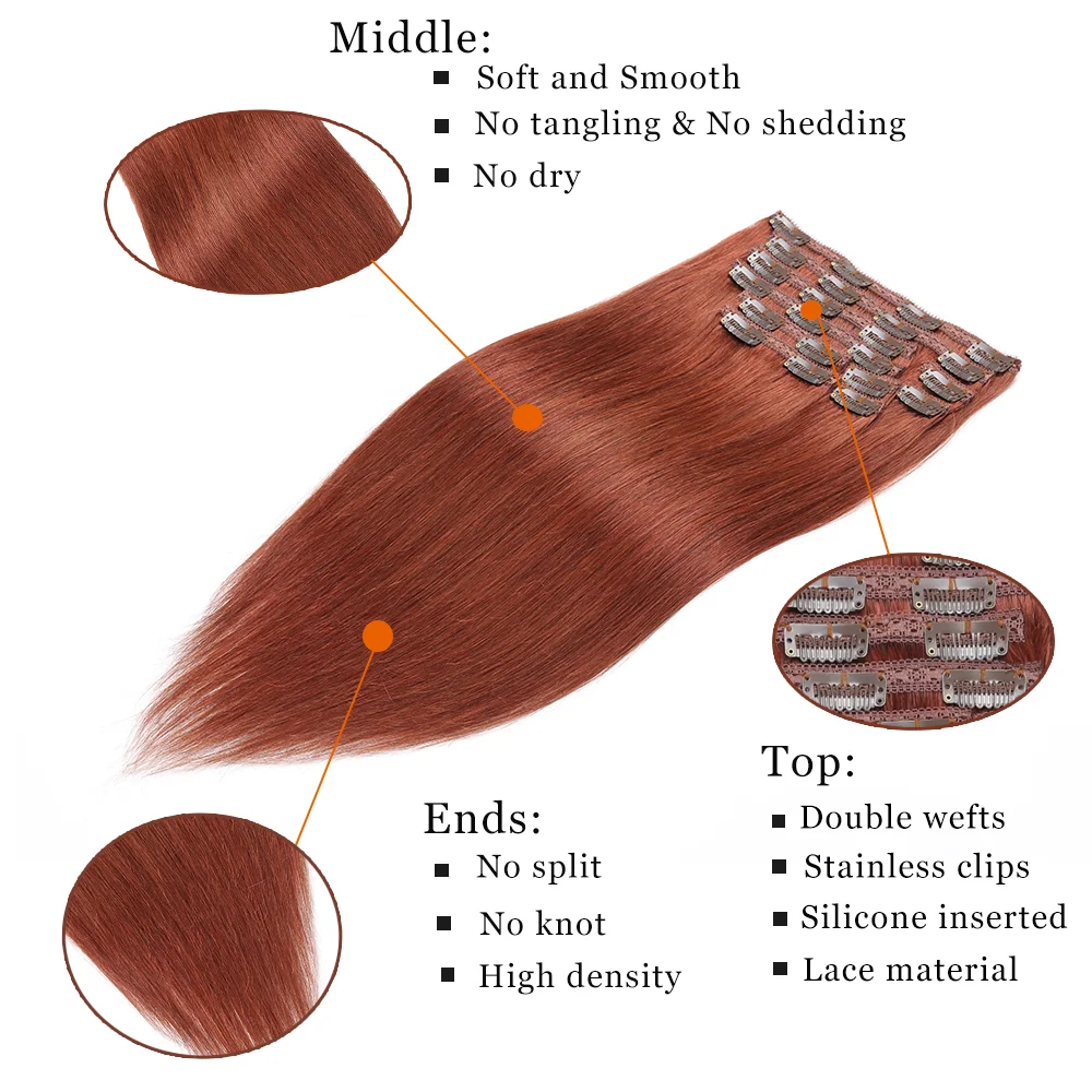 Hair extensions Clip In Hair Extensions Straight 100% Human Hair Stainless Clip Lace Sides 200G 10PCS/Set Ends High Density For Full Head #33