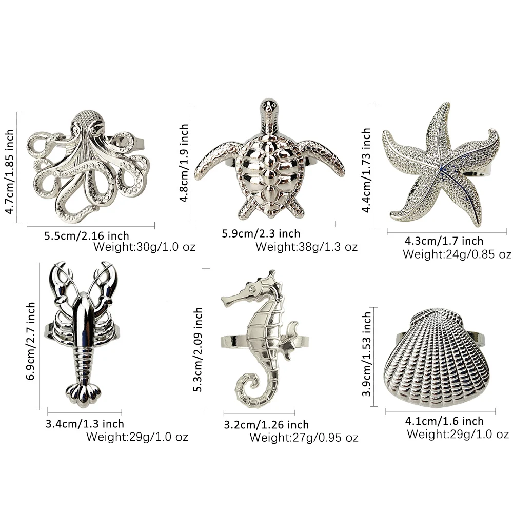 Assorted Silver Nautical Napkin Rings Cut Sea Creature Table Centerpiece Serviette Holder Ring 6 Pcs For Beach Wedding Party