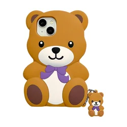 Adorable 3D Cartoon Teddy Bear Silicone Phone Case - Shockproof and Soft Back Cover - iPhone 15 (Brown)