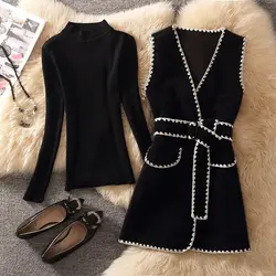 Women Autumn Winter Vintage Suit Pullover Knitted Sweater Top And Woolen Vest Jacket Two Piece Set Elegant Chic Outfit Clothing