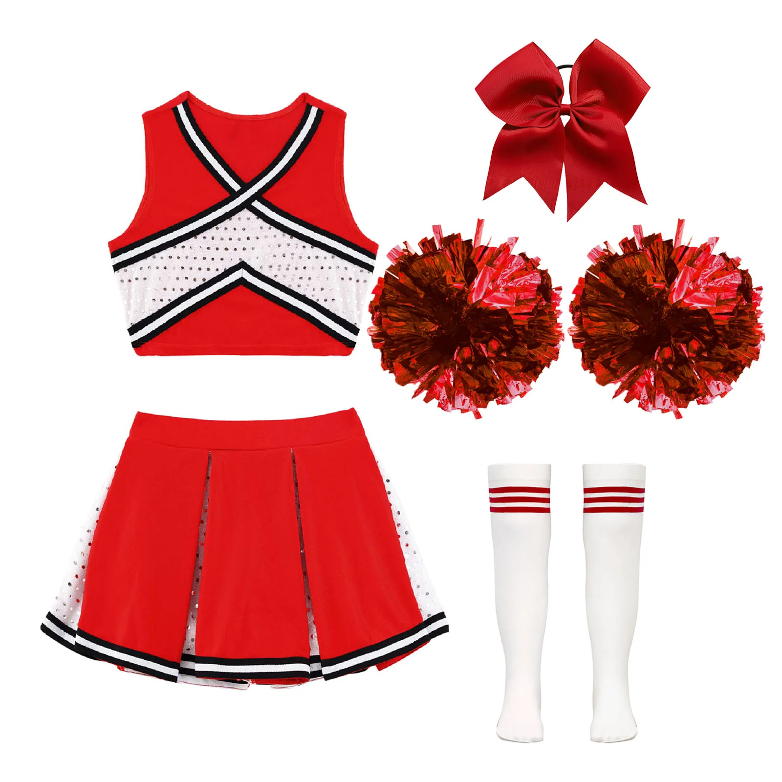 Costume da cheerleader per bambine, completo con top corto con paillettes, gonna a pieghe, copricapo e calzini a righe, uniforme da cheerleader scolastica. - immagine 3