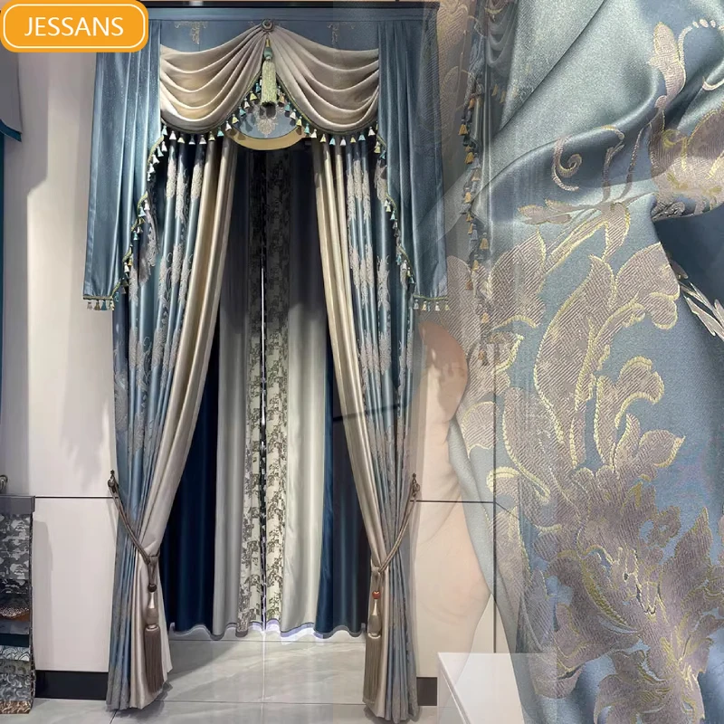 

Light Blue Jacquard Splicing Thickened Curtains for Living Room Bedroom French Window Villa Customized Window Screen Finished