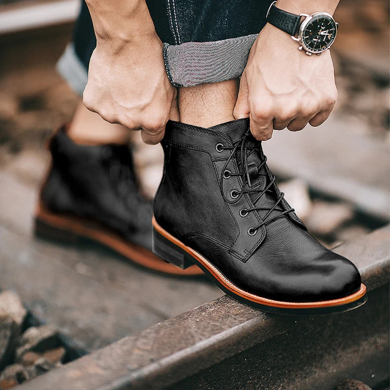 Stylish New Retro High Men's Leather Shoes Dress Business Working Brown Male Boots Lace-up Flat Casual Comfortable Men's Shoes