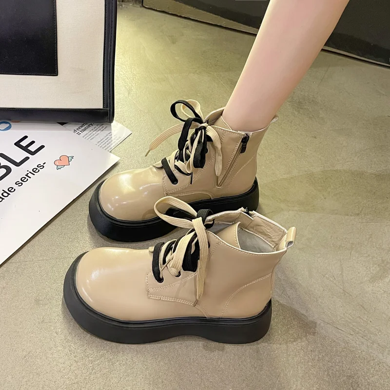 2023 Lace Up Ankle Boots Women Autumn Winter Chunky Booties Platform Motorcycle Boots Back Zipper Short Boots Thick Sole Shoes