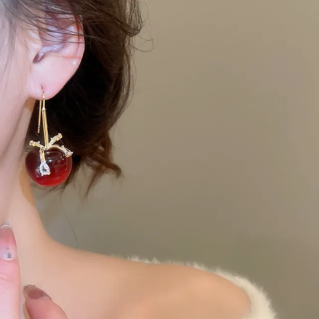 Minar Cute Red Black Gradient Color Resin Apple CZ Cubic Zirconia Bowknot Long Drop Earrings for Women Real Gold Plated Copper