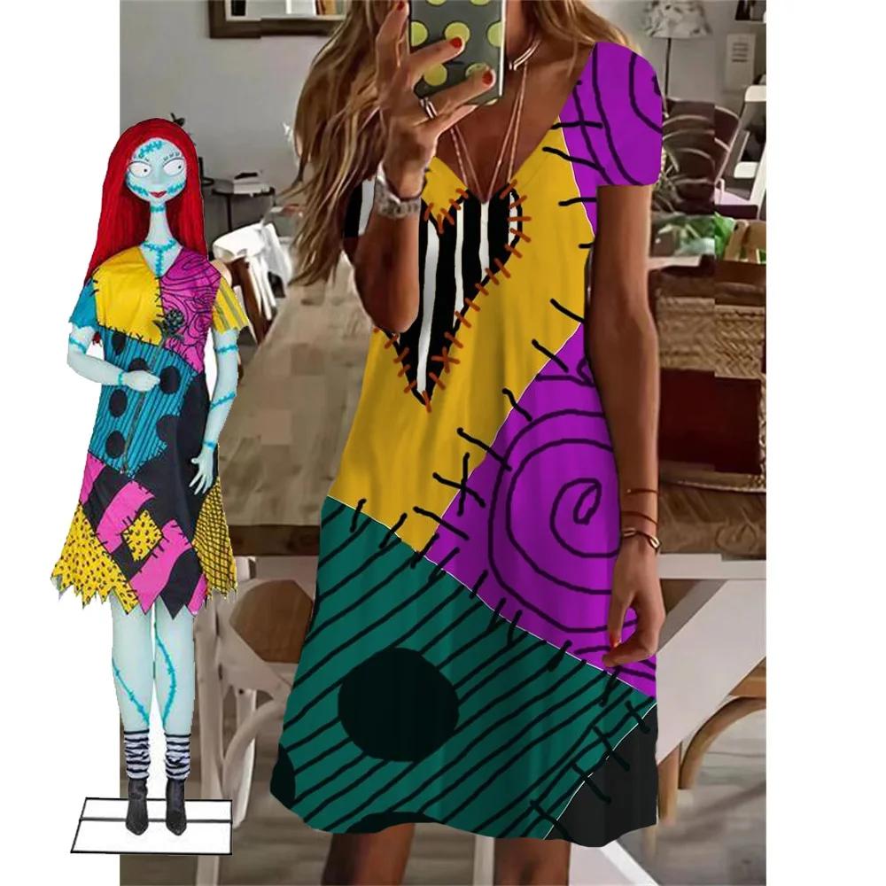 

The Nightmare Sally Cosplay Women Before Christmas Halloween Costume For Adult Disney New Halloween Women's Party Dress v neck