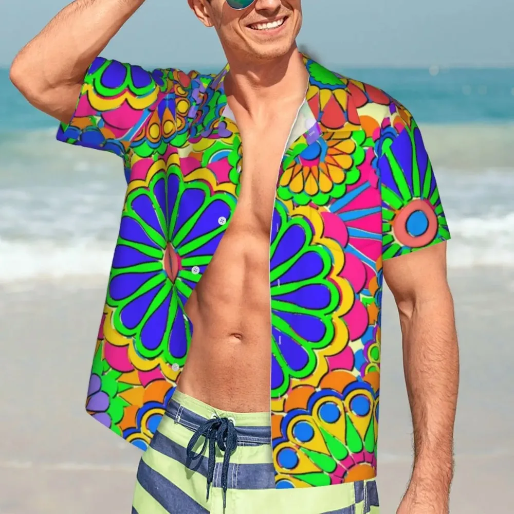Hippie Style Vacation Shirt Man Colorful Flower Power Casual Shirts Hawaiian Short-Sleeve Classic Oversize Blouses Birthday Gift