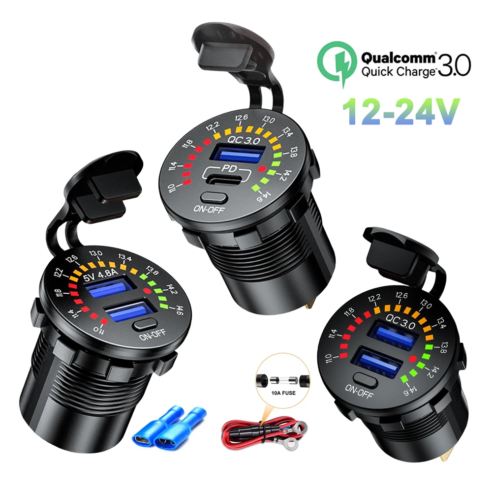 GZLMMY - Pannello interruttori per caricabatterie per auto, Dual USB Charger 2.1A e 1A + voltmetro a LED + presa accendisigari da 12 V + interruttore a levetta ON/OFF per barca camion