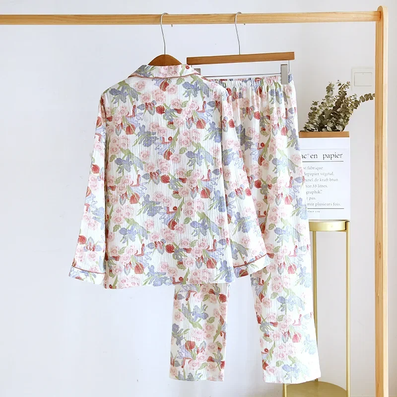 2024 New Spring and Autumn Women's Pajama Set 100% Cotton Printed Polo Collar Long Sleeve Two Piece Loose Floral Home Furnishing