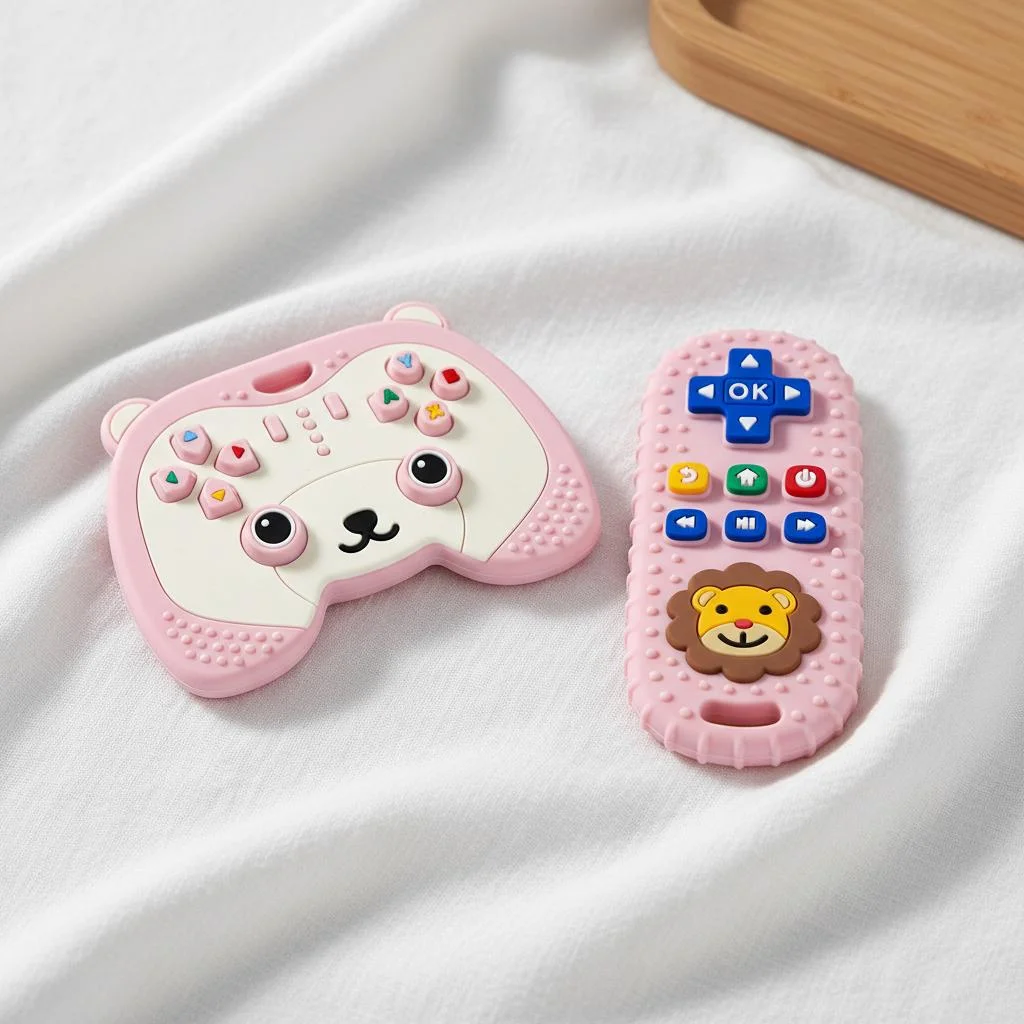 2Pcs Baby Teething Toys for 0-6 6-12 Months Silicone Bear Game Controller & Lion Teether Set