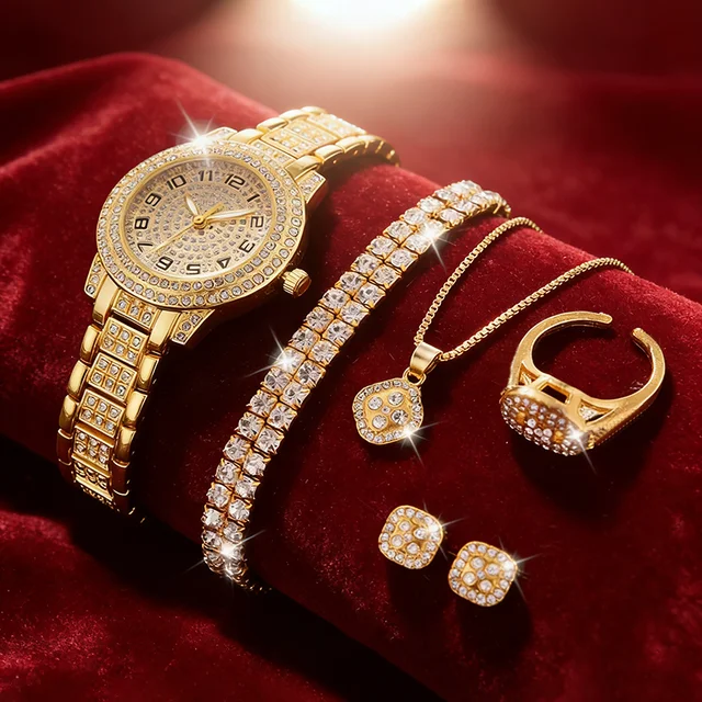 Luxury Women Gold Watch Fashion Ladies Quartz Diamond Wristwatch Elegant Female Bracelet Watches Set Reloj Mujer 2