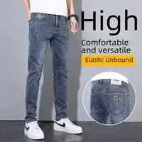 Men's Slim Fit Embroidered Jeans Spring/autumn Thin Trendy Versatile Cropped Pants Korean Style Denim