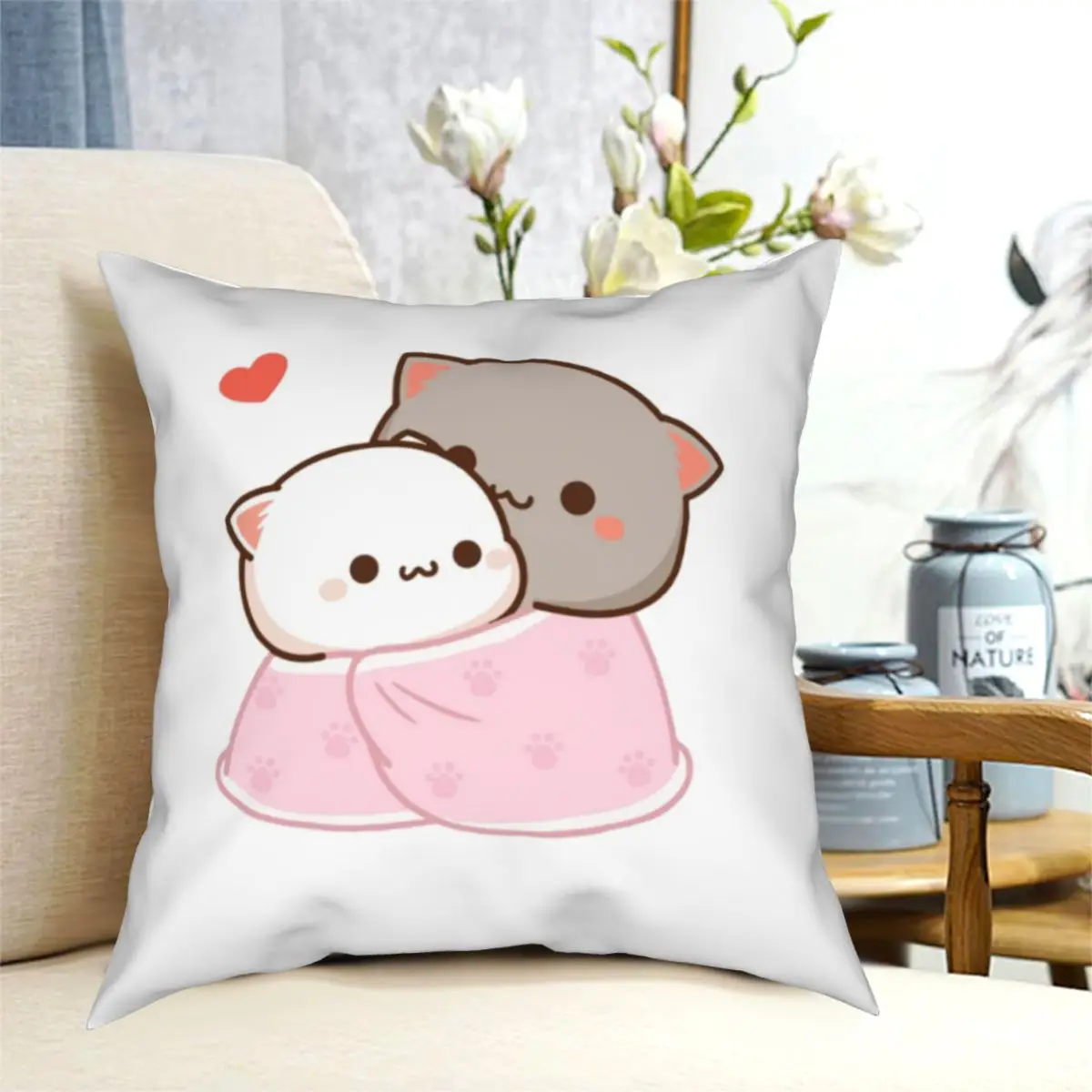 

Peach And Goma Cuddling Mochi Cat Pillowcase Printing Polyester Cushion Cover Decorative Pillow Case Cover Home Square