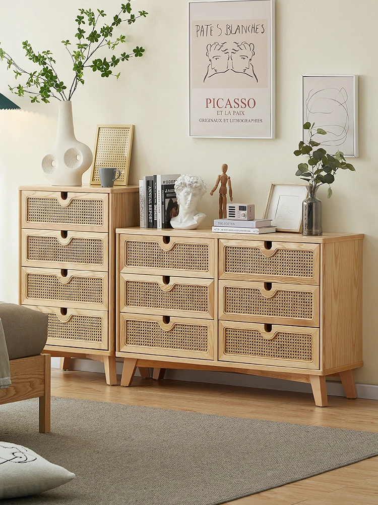 

Solid wood rattan edge cabinet, four or six bucket cabinet, small family living room, storage edge cabinet