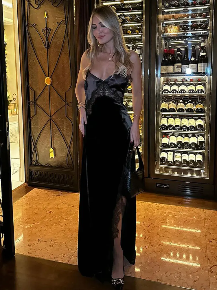 Vestido largo con tirantes finos para mujer, traje negro Vintage sin mangas, Espalda descubierta, terciopelo, encaje, retazos, 2024