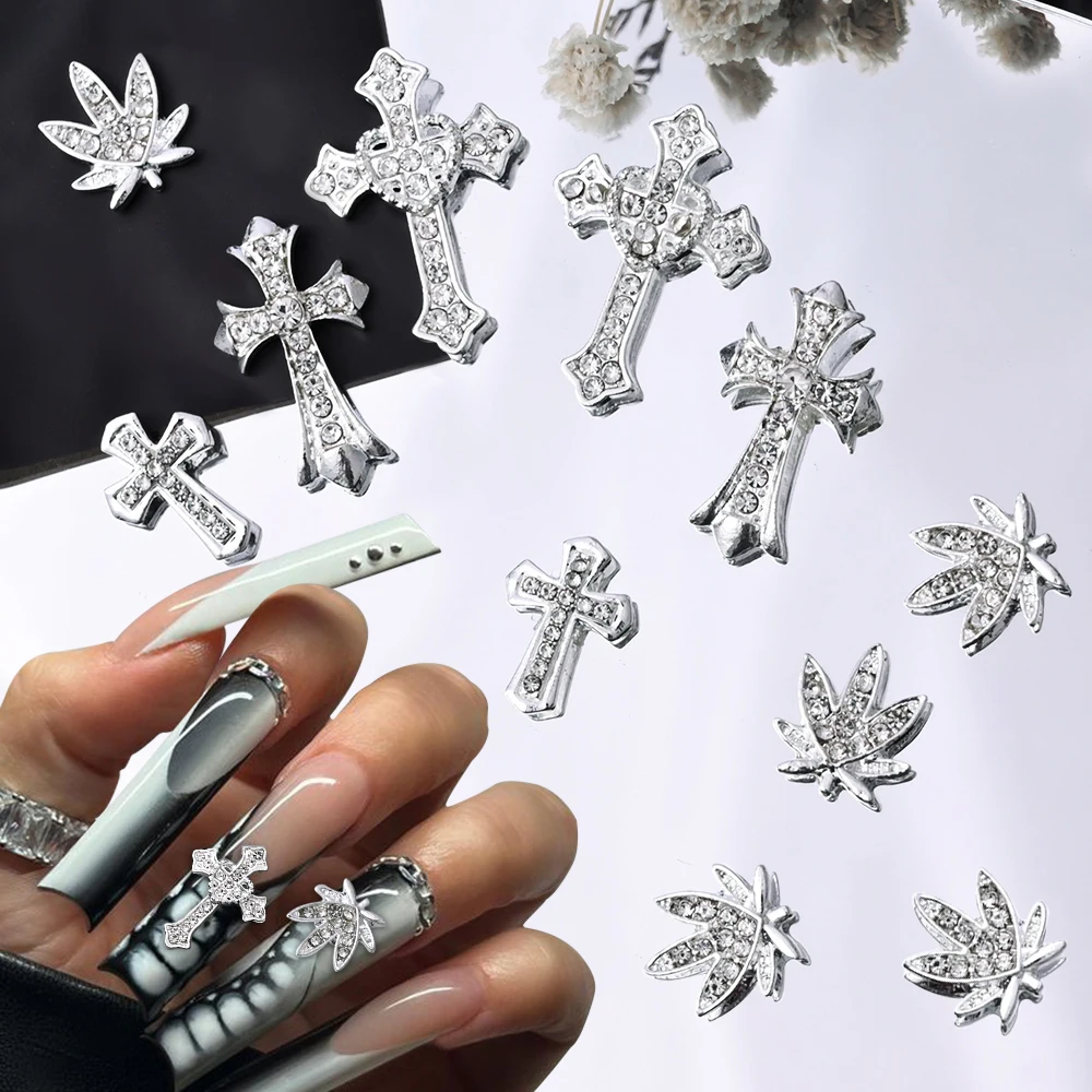 10pcs/lot Luxury Silver Cross Crucifix Nail Art Charm Parts Alloy Rhinestone Crystal Manicure Nail Accesorio Supplies Decoration 2