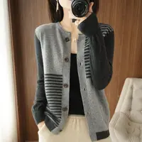 Autumn Winter New Temperament Striped Knitting Cardigan Coat Ladies Fashion Patchwork O-neck Sweater Women Clothing Vintage Tops 1