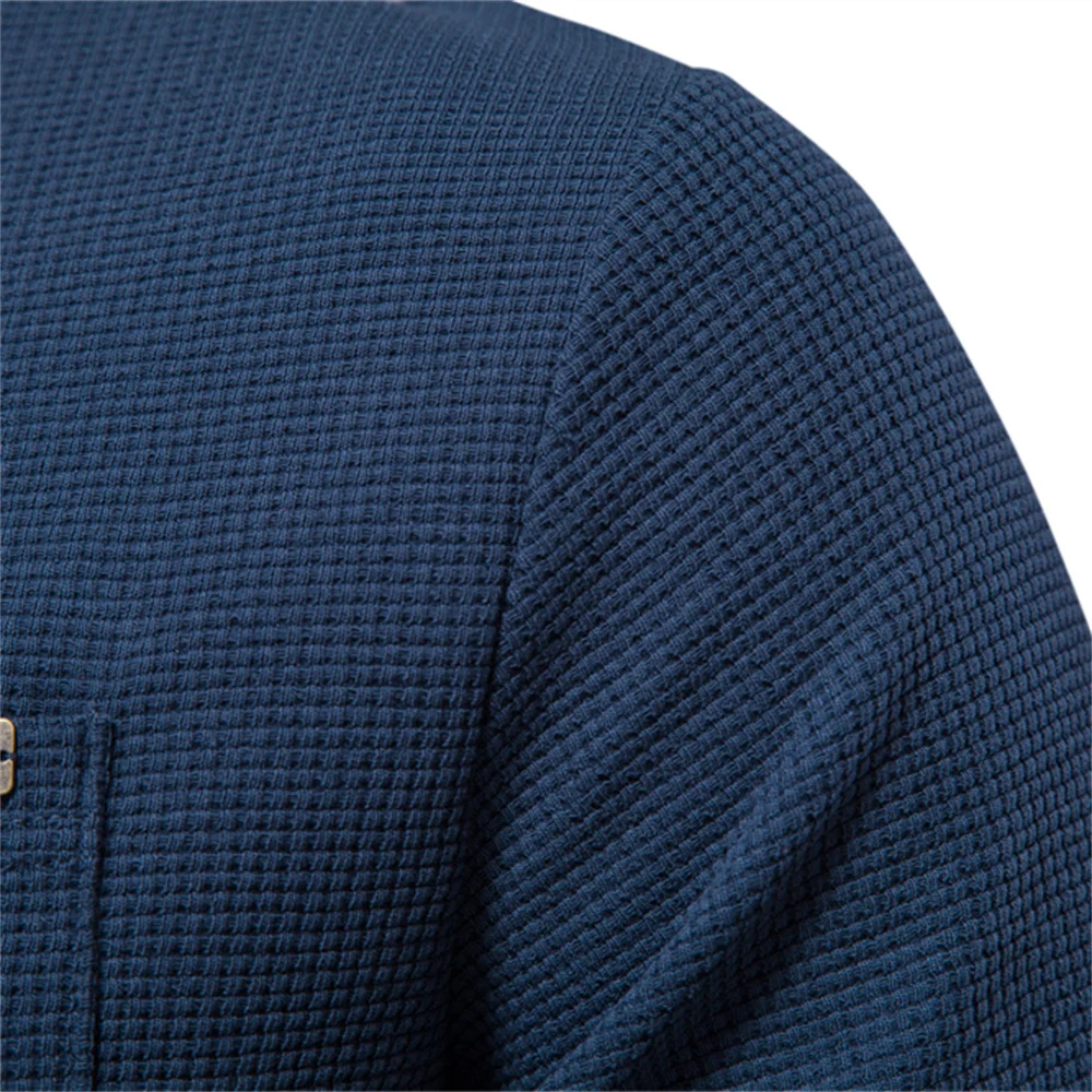 Men's Waffle Knit Long Sleeve Cotton T-Shirt - Solid Color with Single Pocket