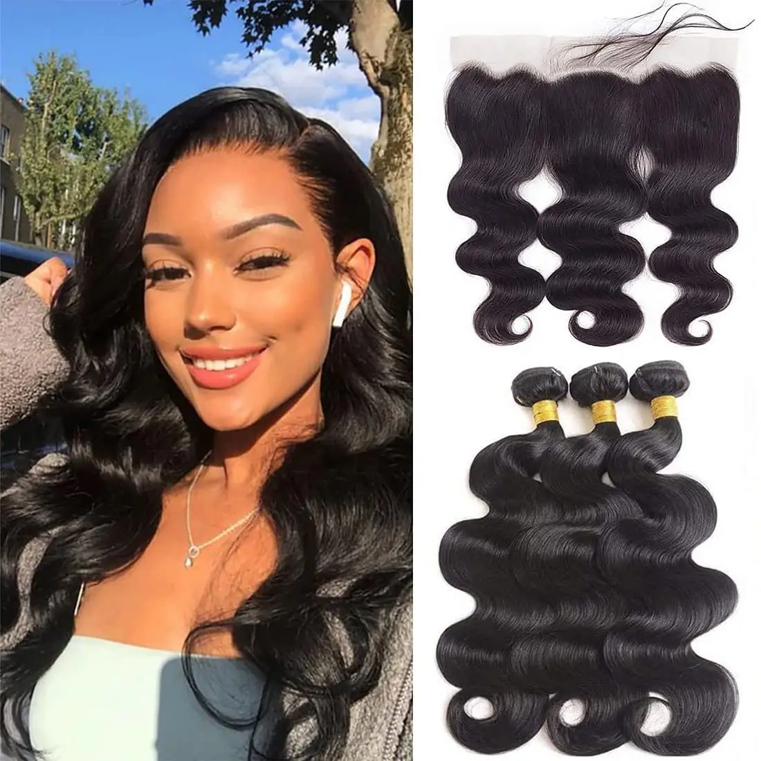 

Human Hair 3 Bundles with 13x4 Lace Closure Body Wave Brazilian Human Hair Bundles with Closure Double Weft For Women Color #1B