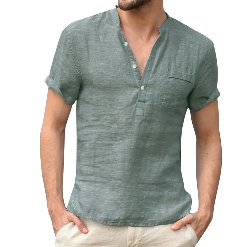 High Quality New Men'S Linen V Neck Bandage T Shirts Male Solid Color Long Sleeves Casual Cotton Linen Tshirt Tops