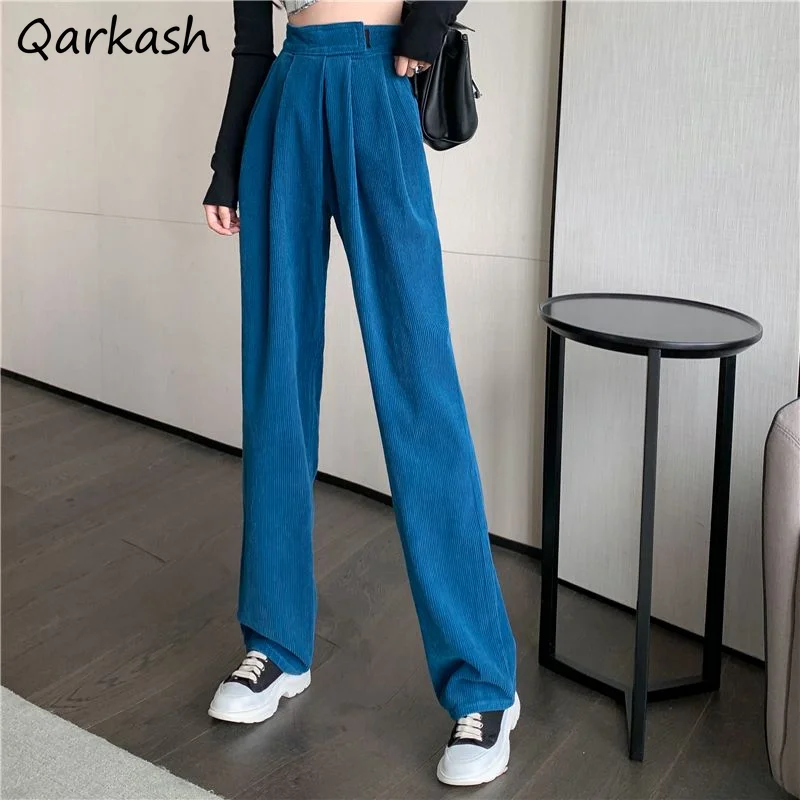

Pants Women Solid Classic Corduroy Winter Warm High Waist Wide Leg Korean Style Fashion Casual Tender All-match Ins Simple Cozy