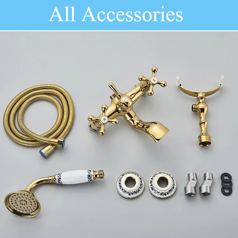 Luxury Golden Bathtub Faucet Hot Cold Water Mixer Tap With Sprayer Hand Shower Bathroom Wall Mounted Rotate Spout Crane 6