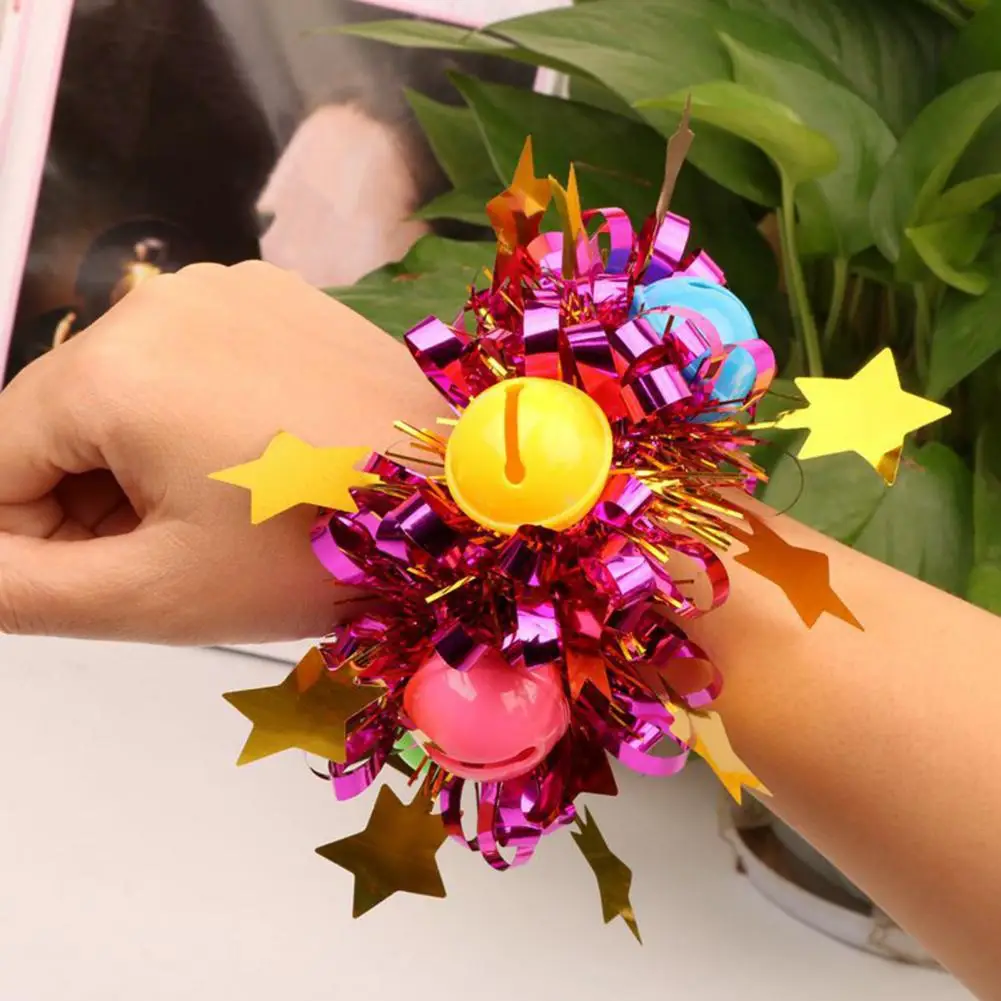 2Pcs Wrist Flower with Star Bell Decor Cheerleading Cheer Elastic Band Bracelet Holiday Celebration Metallic Sparkling Wrist Acc