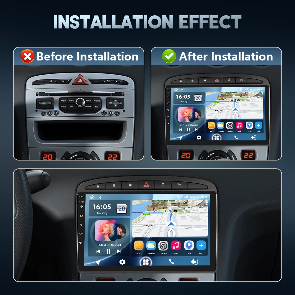 Reproductor Multimedia para Auto Android 2DIN Podofo 8+128G para Peugeot 308 408 2007-2015, Navegación GPS, Carplay, Android Auto, WIFI, DSP, FM, RDS, Bluetooth 2