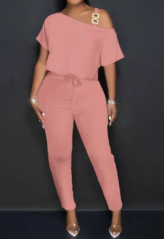 Women's Elegant Jumpsuit Summer 2023 Solid Color Casual Digging Shoulder Drawstring Lace Up Chain Decoration Slim Long Jumpsuit