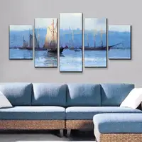 Mintura,5 PCS,Hand-Painted Blue Ocean White Sailing Boat Oil Painting On Canvas,Modern Wall Art Picture For Room Home Decoration 2