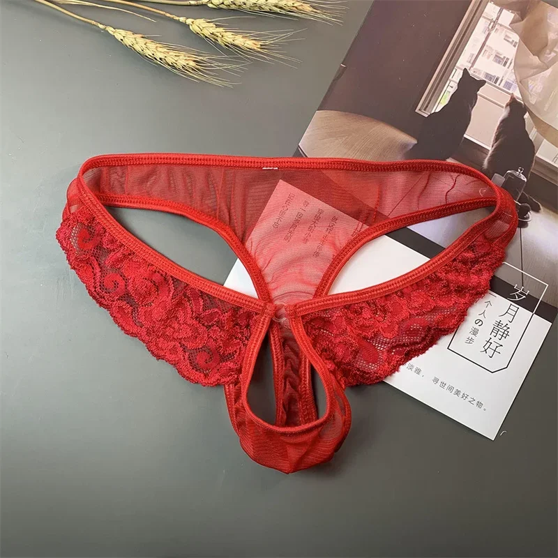 Adult Men's Open Crotch Underwear with Holes Transparent Seamless Thong Briefs Low-waist Ultra-thin Mesh G-string