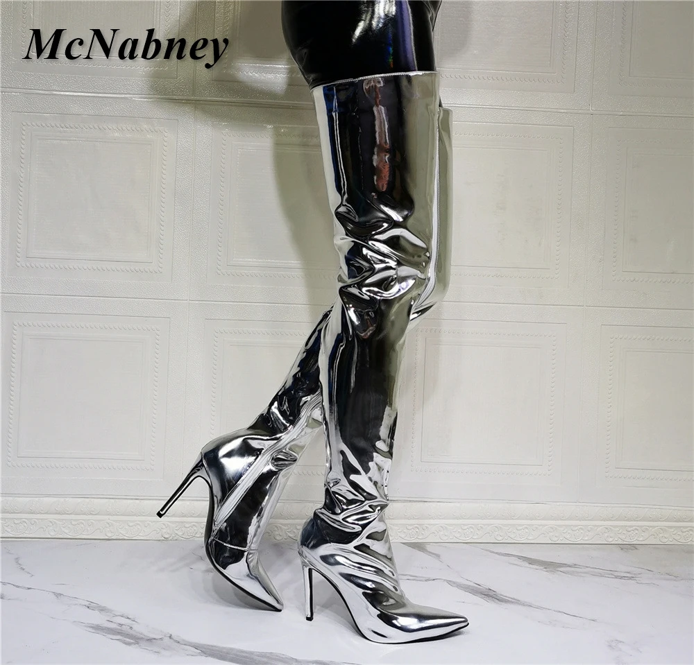 

Women Sexy Boots Mirror Pointed Toe Thin High Heels Silver Stylish Girl Shiny Over The Knee Long Boots T Show Party Lady Shoes