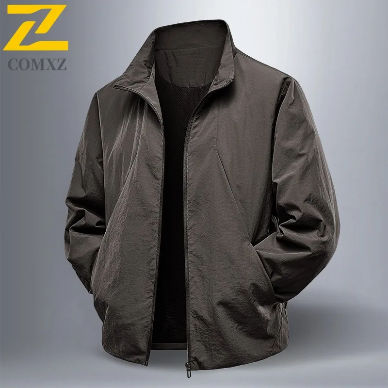 Men Spring Autumn Workwear Jacket Windproof Waterproof Stand Collar Parka with Multi-Pockets Breathable Membrane Outdoor Travel