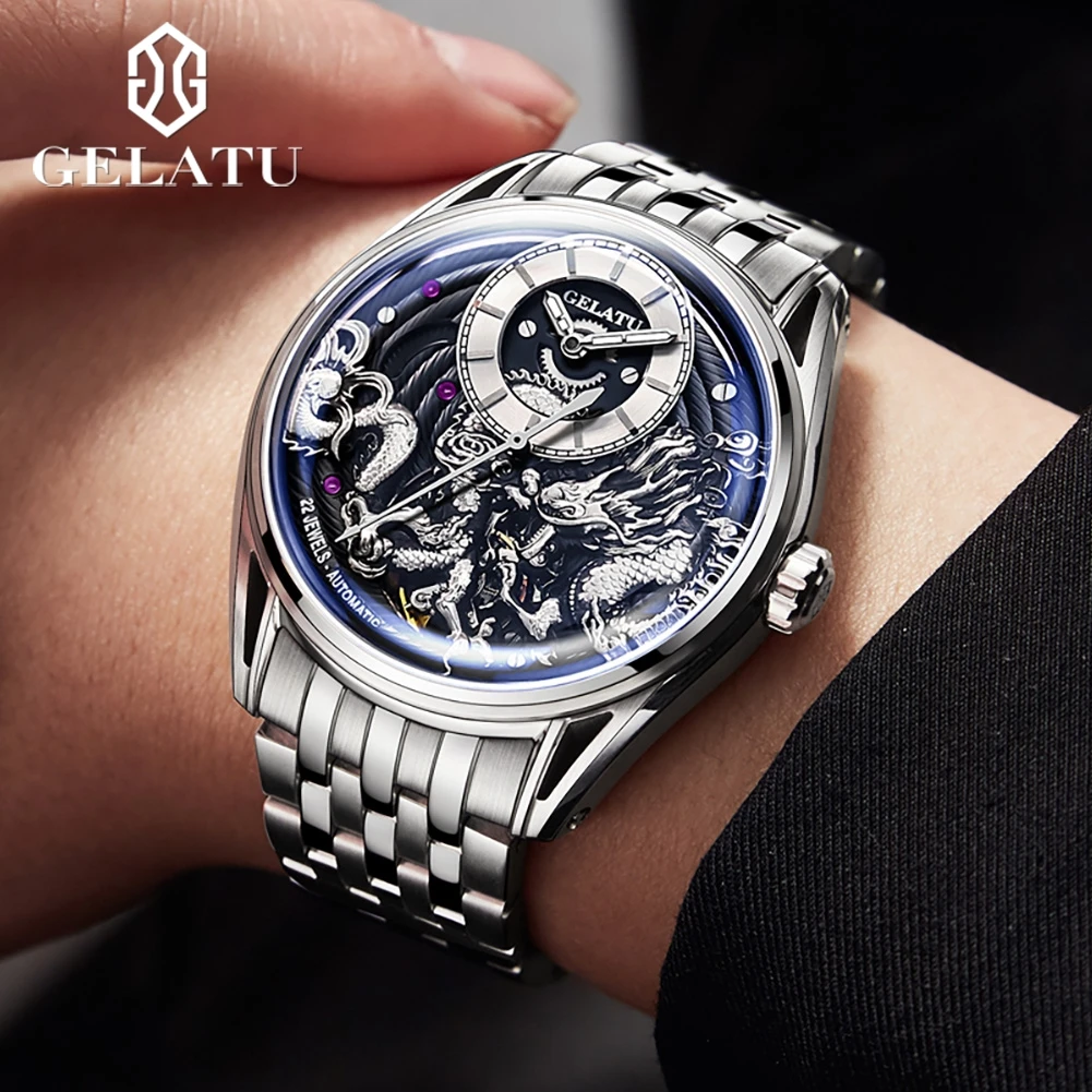 GELATU 6018 Men's Watches Relief Dragon Fully Automatic Mechanical Watch for Men Sapphire Mirror Men's Wristwatches Luxury Brand
