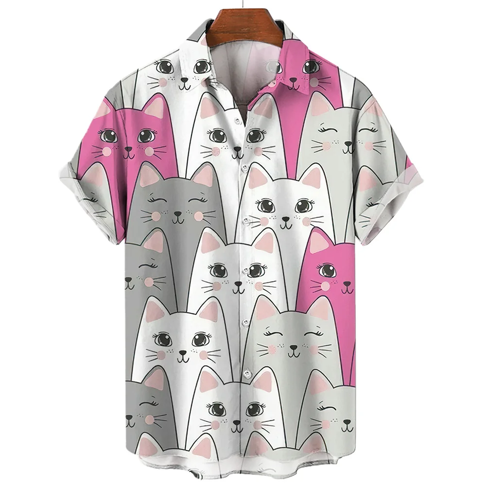 thumbnail image 1 of Camisetas de solapa con dibujos animados de gato para mujer, estilo callejero Y2k, con estampado 3D, manga corta y botón, ropa para mujer, camiseta superior, 1 of 5