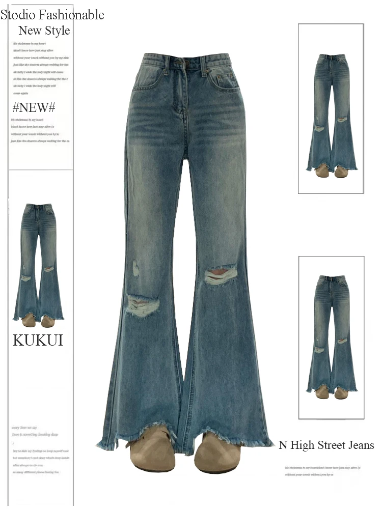 

Женские американские винтажные расклешенные джинсы с дырками Y2k, уличная одежда в японском стиле Харадзюку, джинсовые брюки с низкой посадкой, длинные брюки в стиле 1920-х в стиле Kpop
