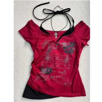 2025 الصيف خمر وهمية قطعتين الرسن الدانتيل يصل تي شيرت Y2k سليم صالح طباعة بلايز بلوزات غير مغطية للكتف قصيرة الأكمام تي شيرت 4