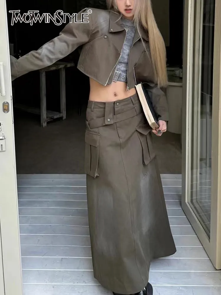 

TWOTWINSTYLE Streetwear Two Piece Sets For Women Lapel Long Sleeve Spliced Zipper Top High Waist A Line Skirt Casual Set Female