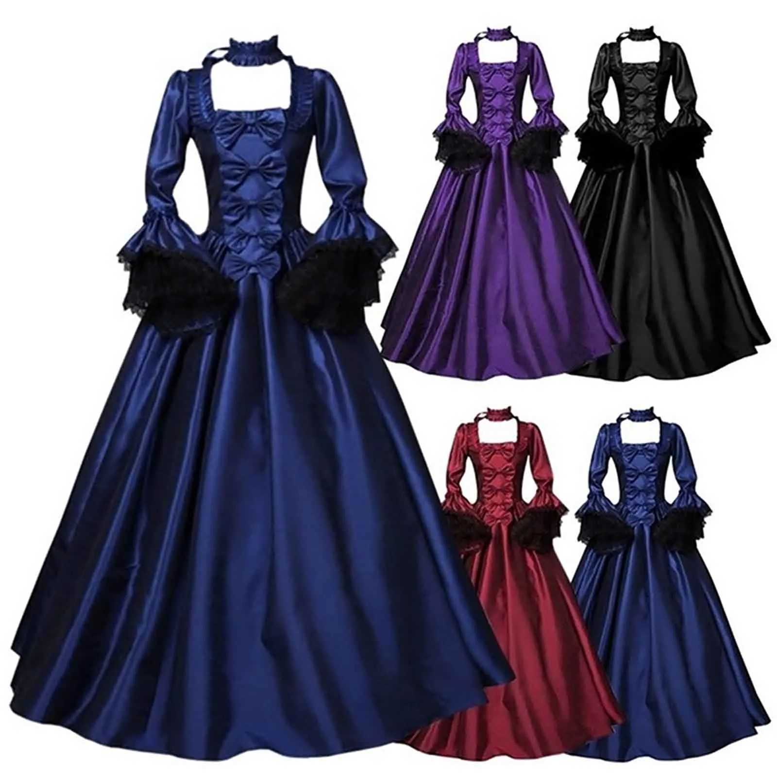Medieval Victorian Court Lace Patchwork Gothic Dress Halloween Witch Cosplay Party Costume Square Neck Flare Sleeve Maxi Dress 5