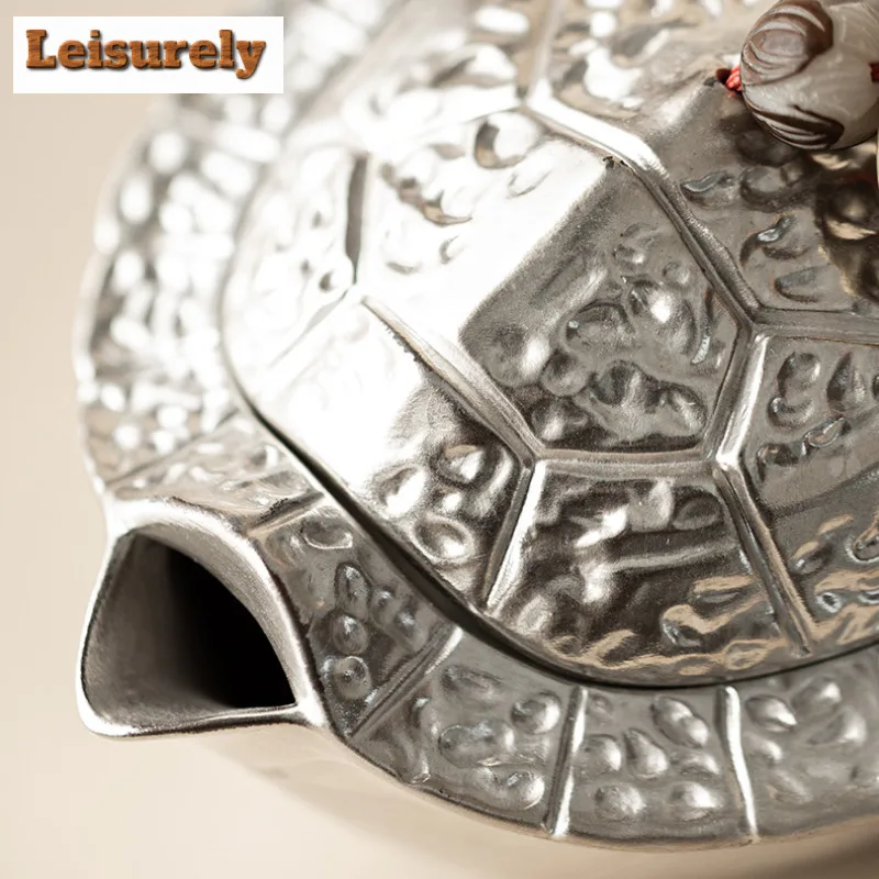 150ml Handmade Gilt Silver Fortune Turtle Hand Grab Teapot Aesthetic Tea Infuser Pot Tea Soaking Kettle With Filter Teaset Gift