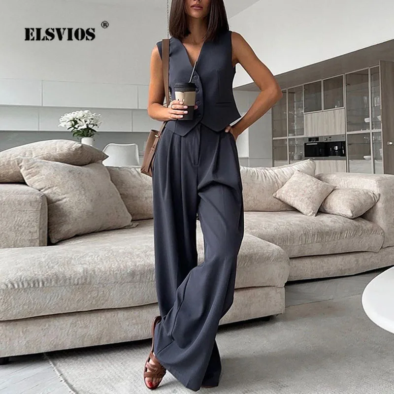 

Spring Summer New V Neck Sleeveless Vest Wide Leg Pants Casual Sets Female Solid Color British Style Commute Suit Trousers Sets