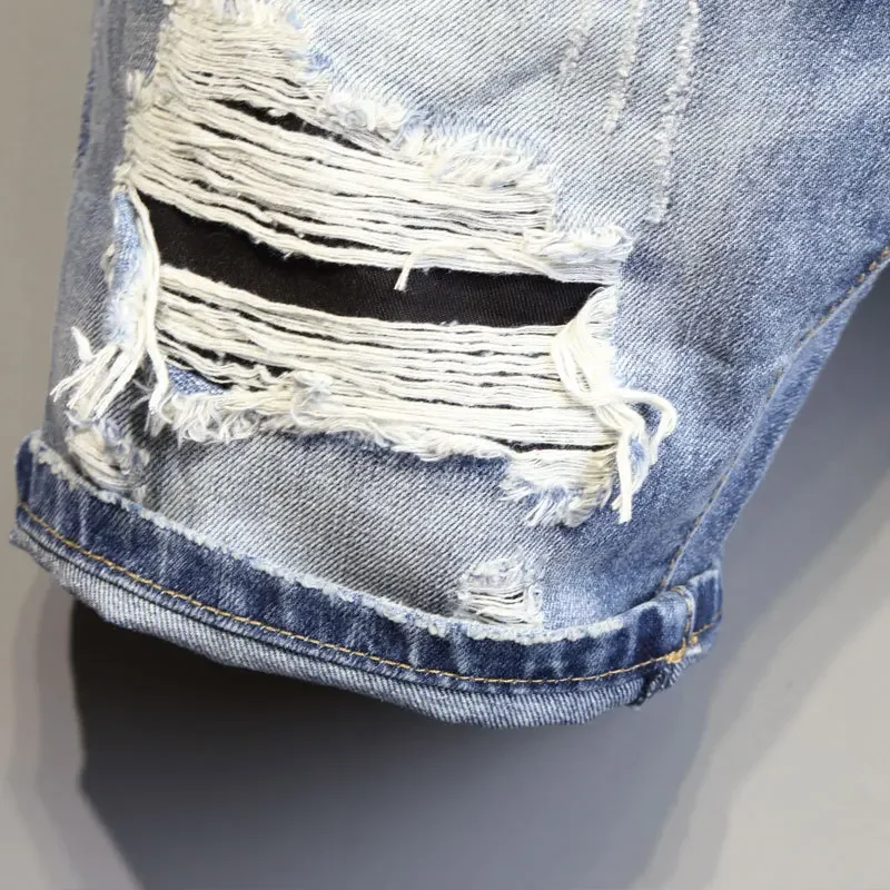 Summer Light Blue Ripped Cat Whisker Patch Letter Print Slim Denim Shorts Teenagers Jeans Boys and Girls Cowboy Short Pants