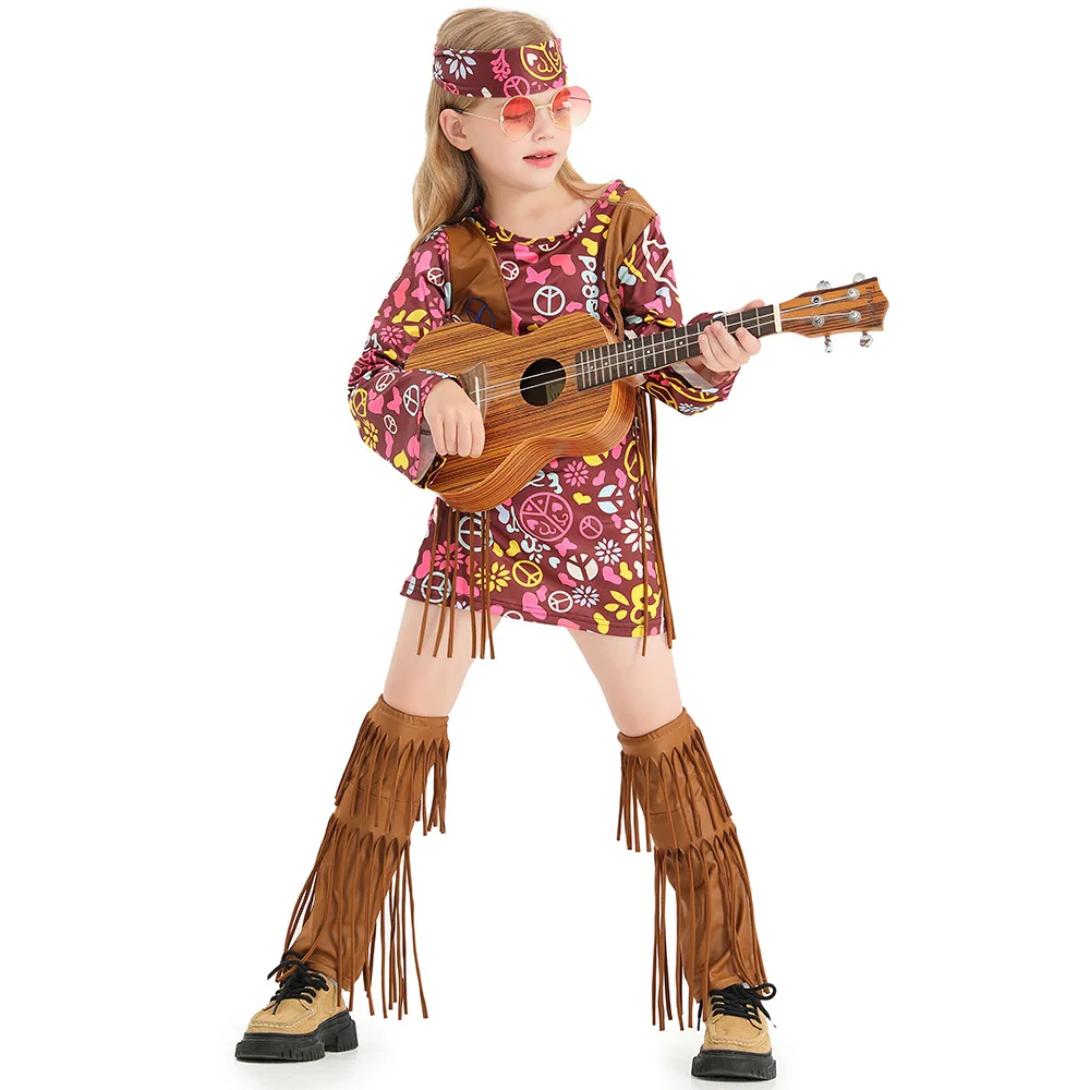 

Girl Hippie Rock And Roll Concert Cosplay Costumes Children's Day Stage Hippy Costume Outfit