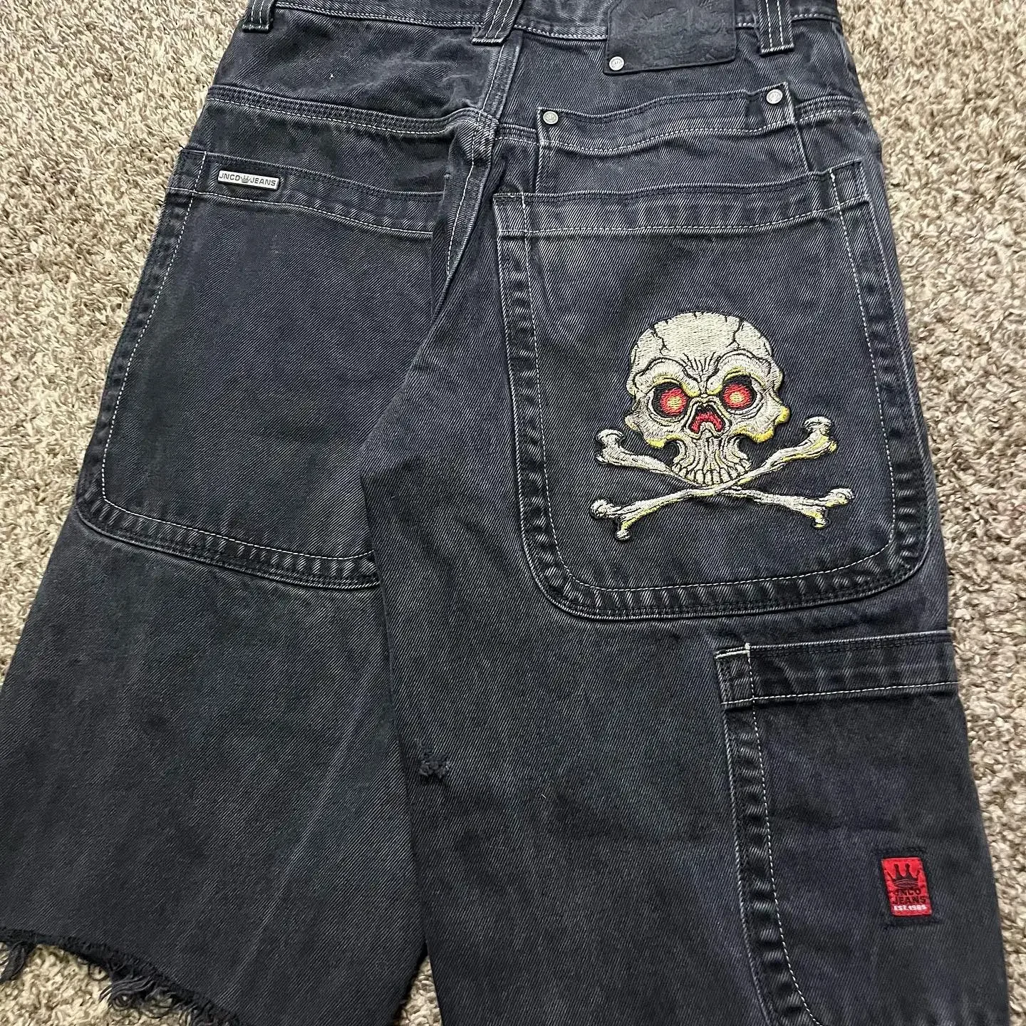 Y2K New JNCO Jeans Shorts Vintage Harajuku Skull Embroidery Baggy Jeans Men and Women Hip Hop Gothic Wide Leg Denim Short Pants