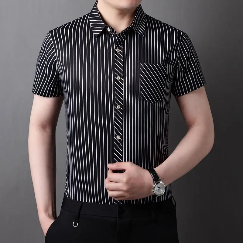 Fashion Lapel Button Short Sleeve Striped Business Shirts Men's Clothing 2024 Summer New Loose Korean Tops All-match Shirts