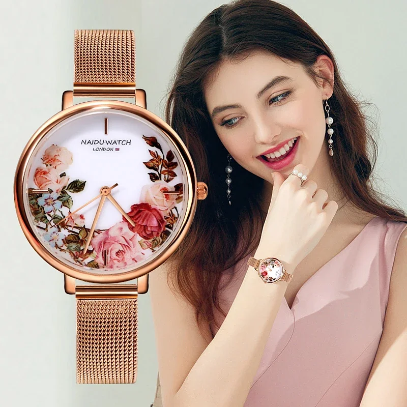 

Часы наручные женские, брендовые роскошные золотистые водонепроницаемые с сетчатым браслетом из нержавеющей стали, с цветами