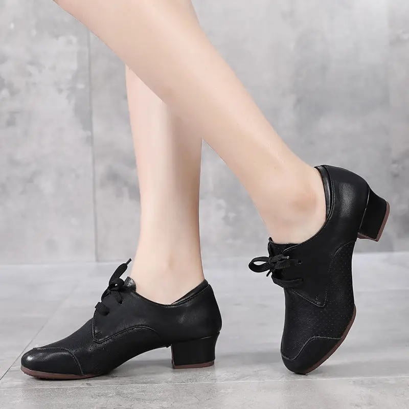 Cowhide Shoes Women soft Rubber sole Latin Dance Shoes Social Dance Shoes Four Seasons square Breathable Perforated Shape